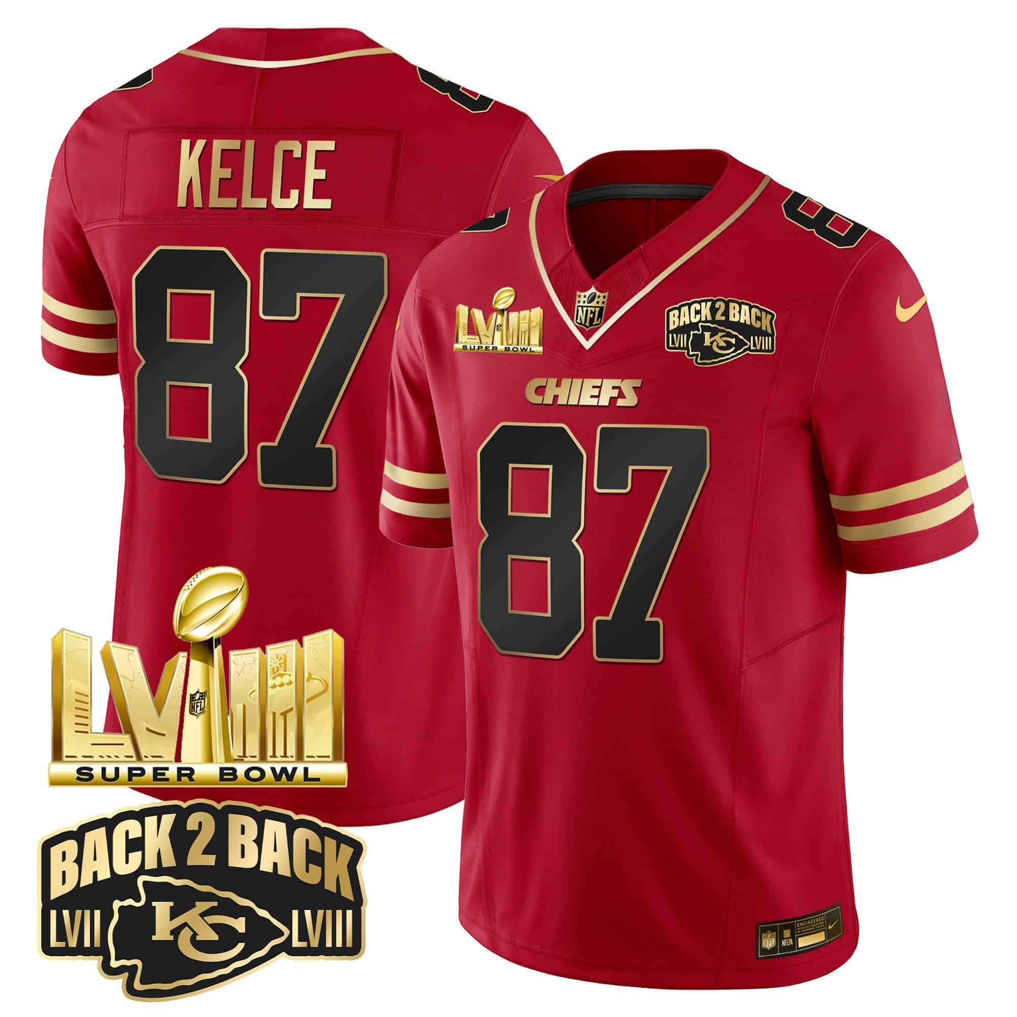 Men Kansas City Chiefs 87 Kelce Red 2024 Nike Super Bowl LVIII & Back 2 Back Gold Patch Vapor NFL Jersey style 1